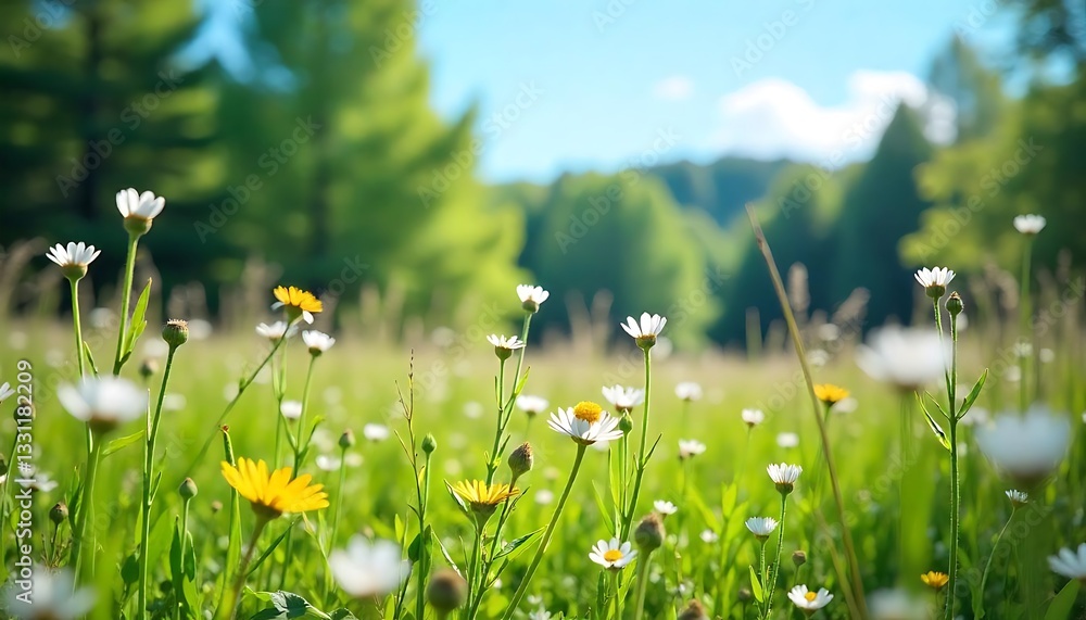 Fototapeta premium A sunny meadow filled with wildflowers under a bright blue sky