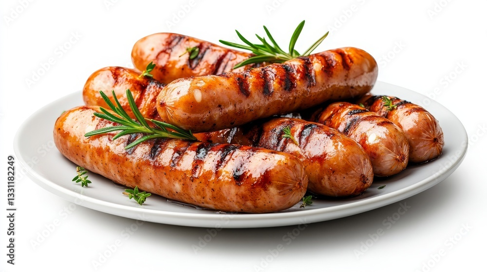 Grilled sausages garnished with fresh herbs on a plate Grilled sausages garnished with fresh herbs on a plate