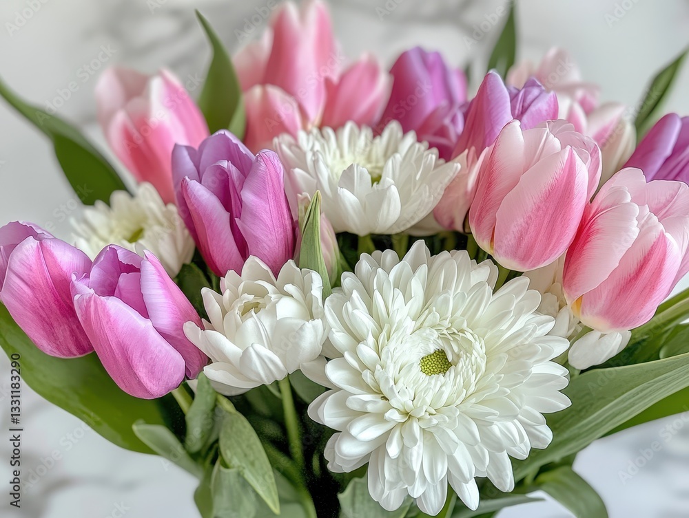 Obraz premium Beautiful Arrangement of Colorful Tulips and White Daisies in a Bright Floral Bouquet for Any Special Occasion