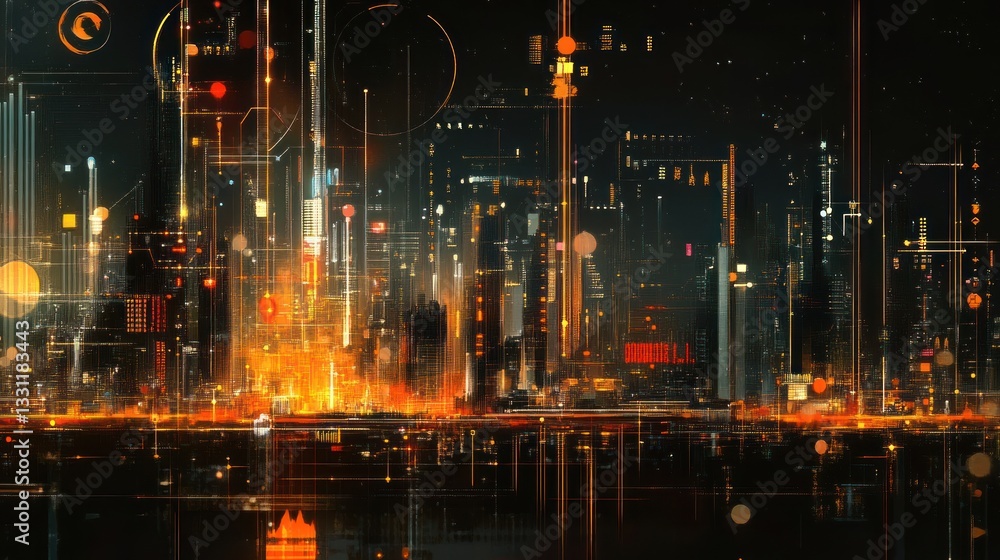 Obraz premium Futuristic cityscape at night with glowing digital elements and reflections on water.
