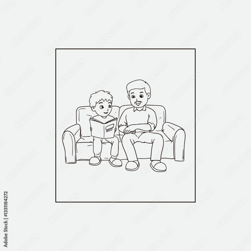 A heartwarming black-and-white illustration of a father and son enjoying story time together on a sofa. Perfect for themes of family bonding, learning, and shared experiences.
