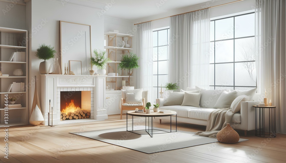 Fototapeta premium A modern living room showcasing white furniture and a fireplace, enhancing the space's warmth and elegance