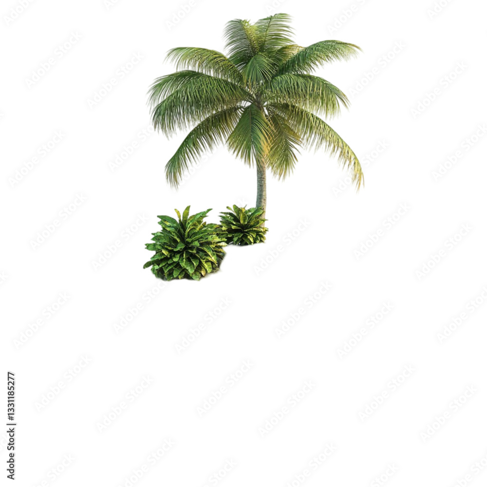 Obraz premium Lush Tropical Palm Tree and Greenery Isolated on White Background,