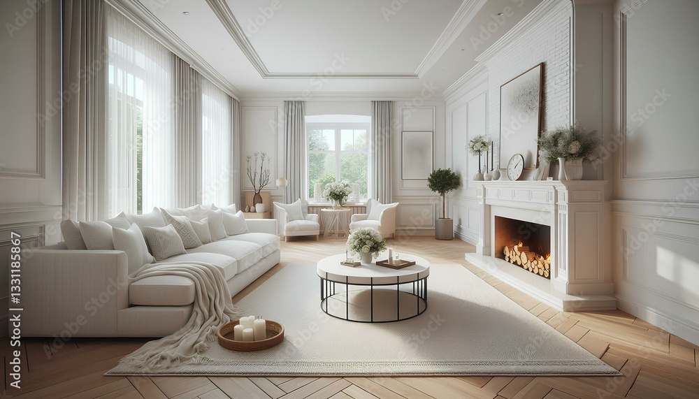 Fototapeta premium A cozy living room featuring white furniture and a warm fireplace, creating a welcoming atmosphere