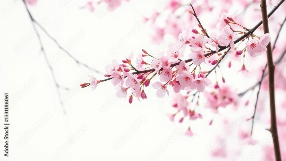 Fototapeta premium Delicate pink cherry blossom branches with slender bamboo stems amidst soft white background, spring, peaceful, serene