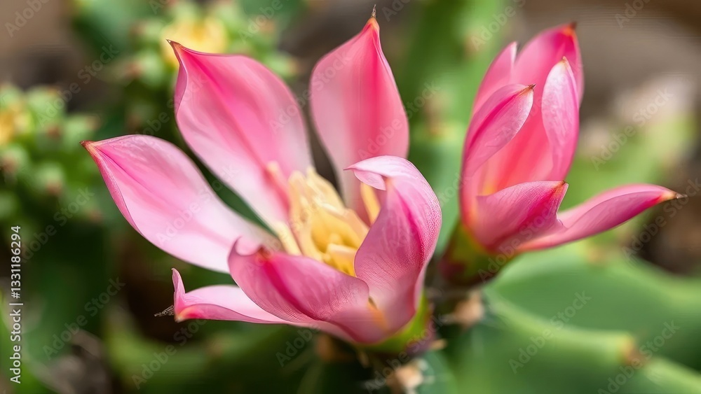 Delicate pink petals unfurl on a small cactus blossom, greenery, botanical Delicate pink petals unfurl on a small cactus blossom, greenery, botanical