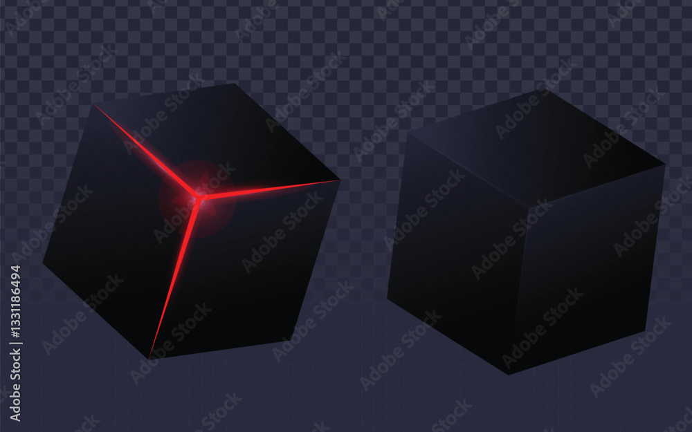 Two black cubes vector, one with glowing red lines on its edges. Realistic 3D rendering with subtle highlights and shadows. Dark checkered background overlay. Modern, tech-inspired design. Perfect Two black cubes vector, one with glowing red lines on its edges. Realistic 3D rendering with subtle highlights and shadows. Dark checkered background overlay. Modern, tech-inspired design. Perfect