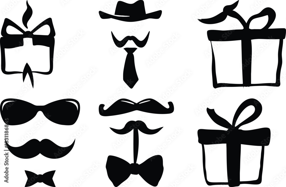 Father's Day Clip Art: Silhouette Vector Graphics of Mustache, Bow Tie, Hat, Sunglasses, and Gift Box Icons for Fathers Day Design Elements Father's Day Clip Art: Silhouette Vector Graphics of Mustache, Bow Tie, Hat, Sunglasses, and Gift Box Icons for Fathers Day Design Elements