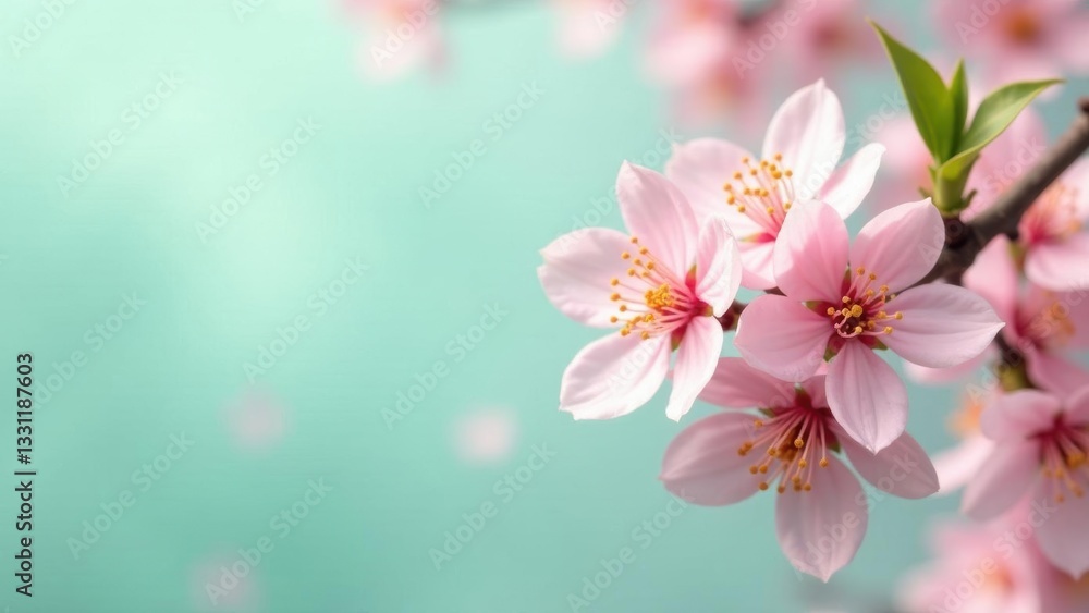 Delicate Pink Blossoms on a Branch Against a Soft Aqua Background, Representing Spring's Gentle Arrival and the Beauty of Nature's Renewal Delicate Pink Blossoms on a Branch Against a Soft Aqua Background, Representing Spring's Gentle Arrival and the Beauty of Nature's Renewal