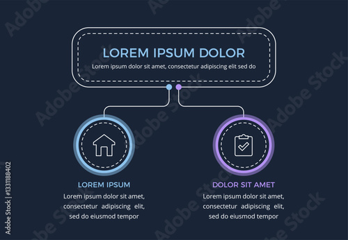 Minimalistic flow chart infographic template with 2 elements, dark background, vector eps10 illustration