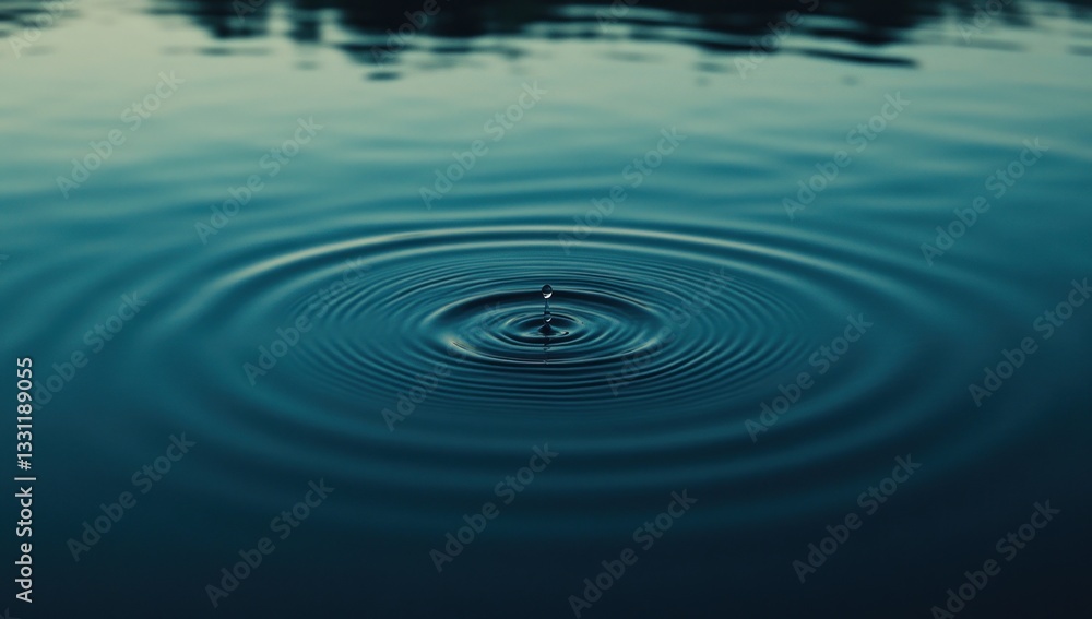 Water droplet impact, ripples on dark lake surface, blurred forest background Water droplet impact, ripples on dark lake surface, blurred forest background