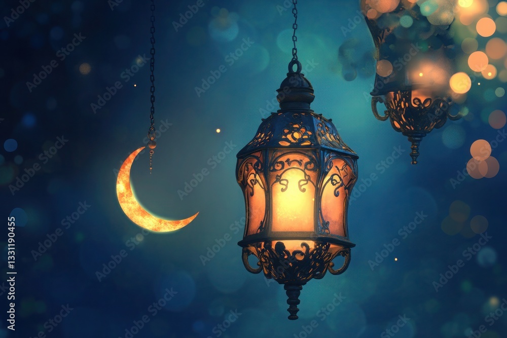 Fototapeta premium Ramadan kareem decorations with lanterns in the night, festive and colorful holiday scene, Eid-ul-Fitr celebration