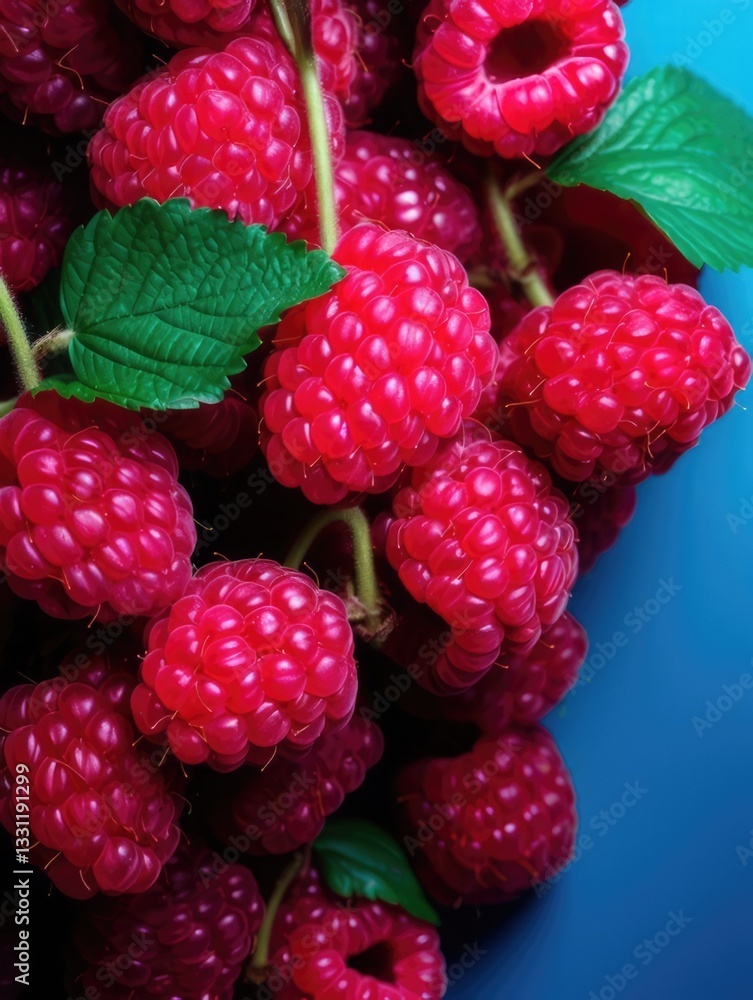 ripe bright raspberries on a blue background. contrasting bright vertical card ripe bright raspberries on a blue background. contrasting bright vertical card