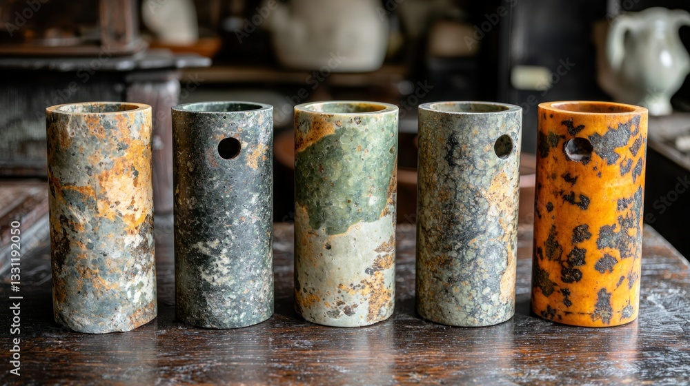 Five textured cylindrical vases with unique color variations on a rustic surface