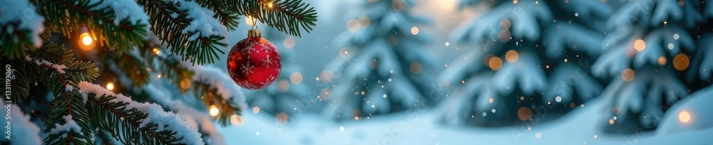Snow-covered fir branches with sparkling ornaments, delicate ornaments, sparkly, frozen Snow-covered fir branches with sparkling ornaments, delicate ornaments, sparkly, frozen