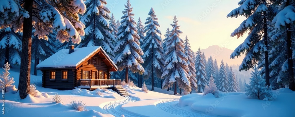 Fototapeta premium Snow-covered forest with a charming cabin in the woods, nature, cold, peaceful