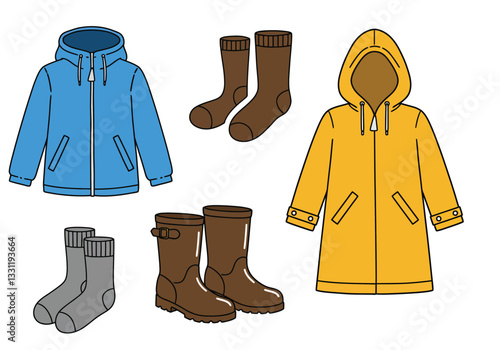 Clothes we wear in rainy season clipart. Blue jacket, yellow raincoat, brown boots, brown socks, grey socks. Vector illustration design.