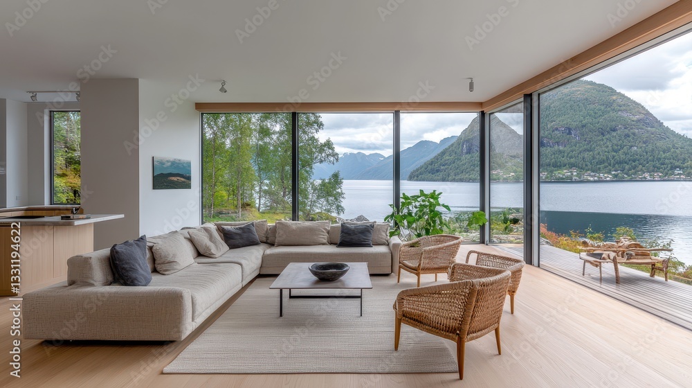 Modern living room with lake view and neutral decor Modern living room with lake view and neutral decor