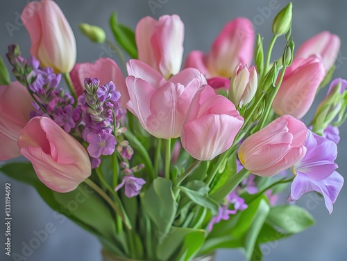Beautiful arrangement of pink tulips and purple flowers in a vase with soft blurred background showcasing vibrant colors and delicate petals