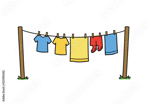 Laundry line clipart. This image shows a laundry line with colorful clothes hanging on it. Vector illustration design.