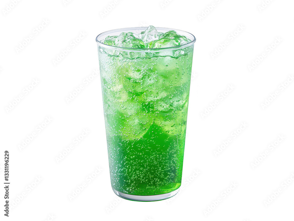 Icecold sparkling green soda in a glass, refreshing summer beverage Icecold sparkling green soda in a glass, refreshing summer beverage