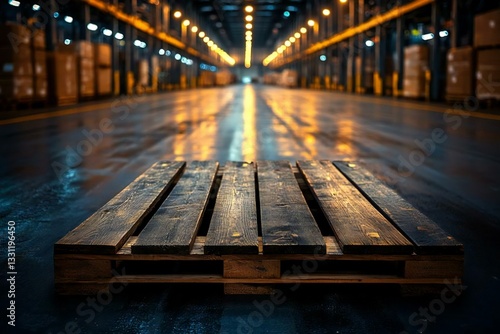 Wooden Pallet in Empty Warehouse with Ambient Lighting Effect