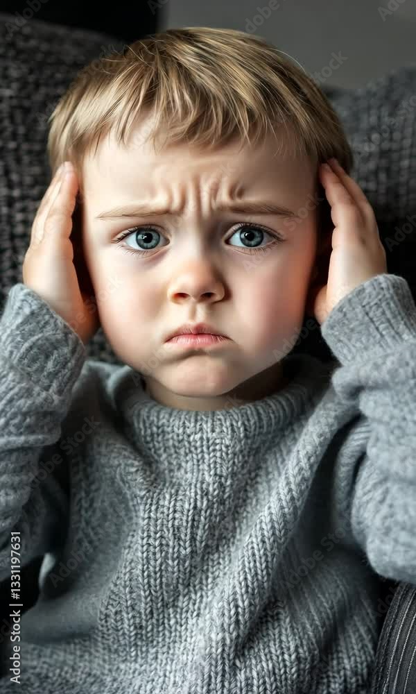 Frustrated Little Boy Covers His Ears with Angry Expression While Sitting in Living Room Frustrated Little Boy Covers His Ears with Angry Expression While Sitting in Living Room