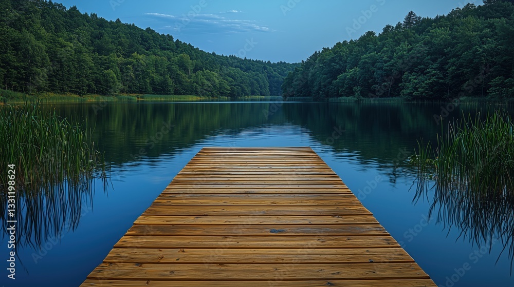 Fototapeta premium Tranquil wooden dock extending into a serene forest lake at dusk surrounded by lush greenery