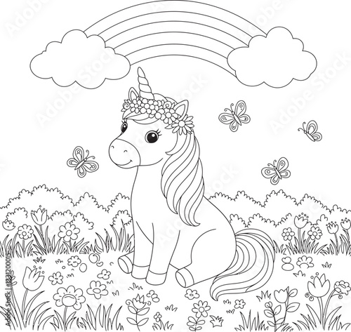 Unicorn & Rainbow Coloring Page 