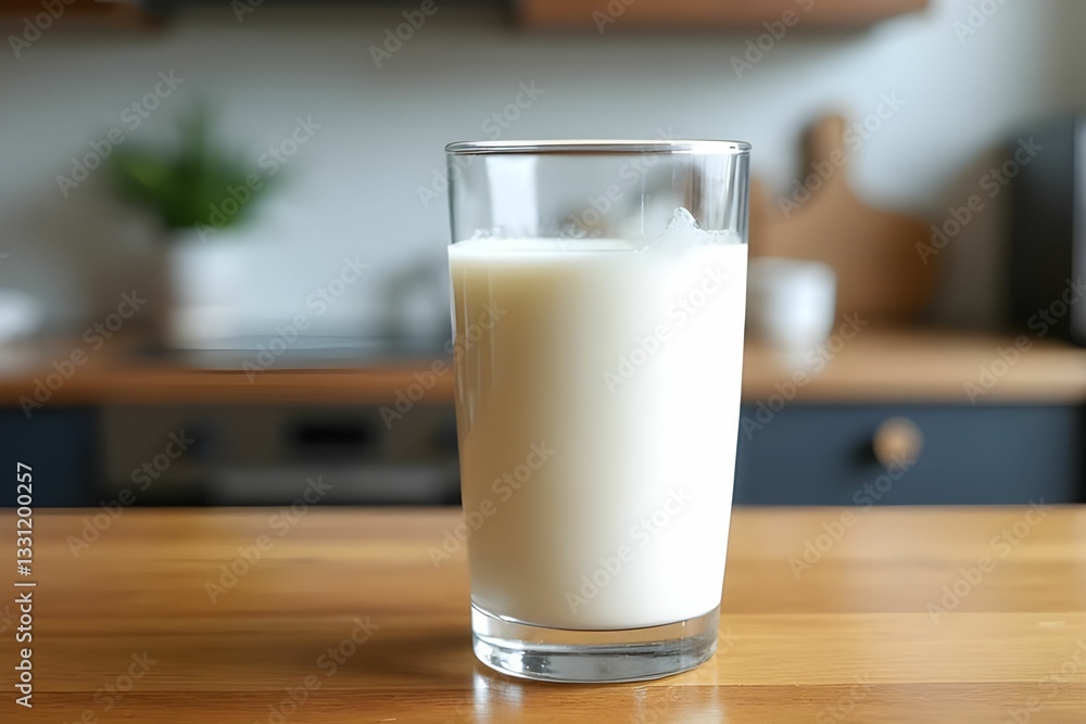 Glass of milk on wooden table with kitchen background. Background for food, drink and product. Product mock up design Glass of milk on wooden table with kitchen background. Background for food, drink and product. Product mock up design