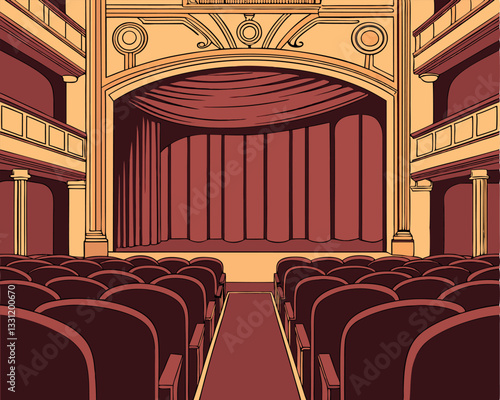 Classic Theater Interior with Red Curtains and Empty Seats