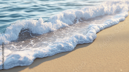 A close-up of sandy feet on the shore, waves gently washing over them high resolution and realistic --ar 16:9