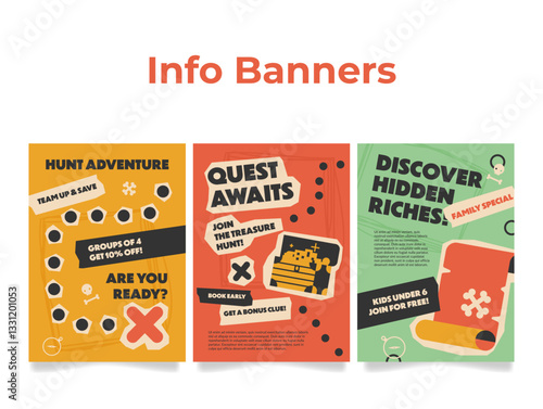 Treasure hunt event banners promoting adventure and family fun with special offers and activities for all ages