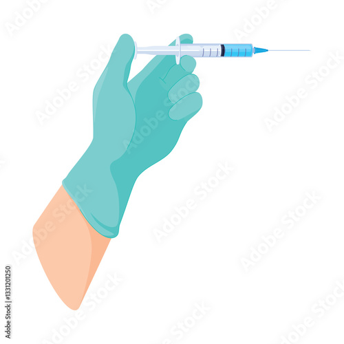 A hand, gloved in blue latex, grips a syringe, ready for use in a healthcare environment