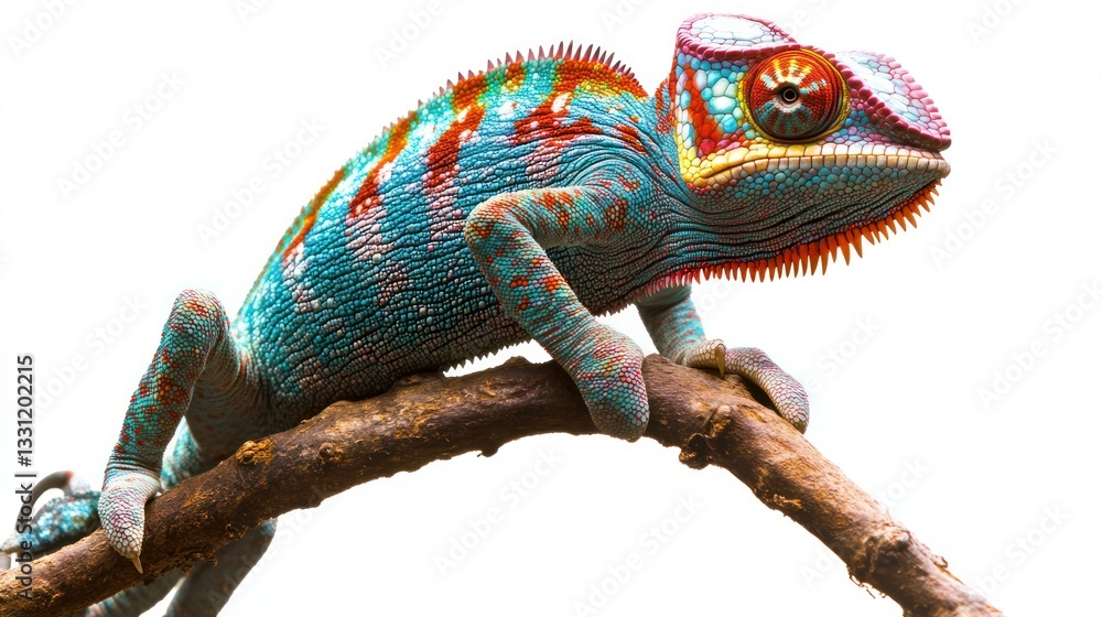 Obraz premium Vibrant Chameleon on Branch, Isolated, Nature, Wildlife, Educational