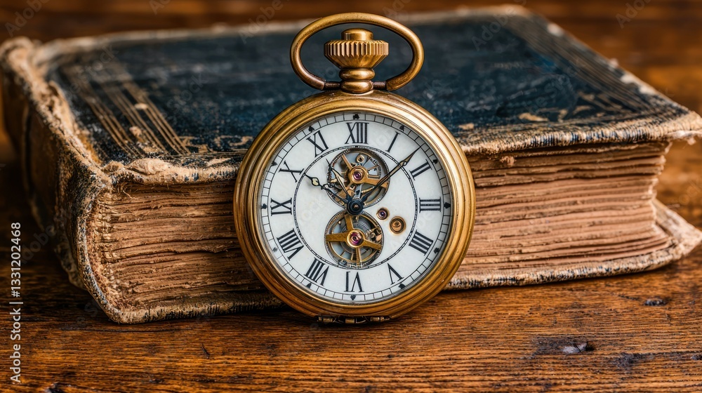 Gold watch rests on aged book with worn cover on wooden surface Gold watch rests on aged book with worn cover on wooden surface