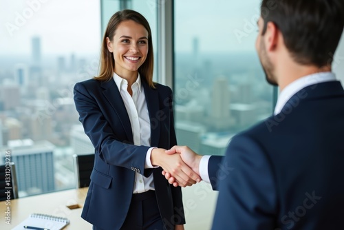 Professional Business Handshake Symbolizing Successful Partnership, Collaboration, and Corporate Agreement in a Modern Office with a City Skyline View