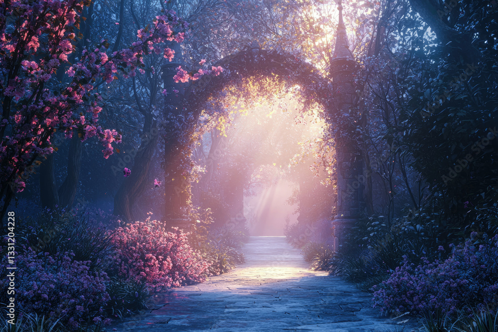 Fototapeta premium Sunlit path through a mystical forest archway, adorned with blooming flowers and soft mist.