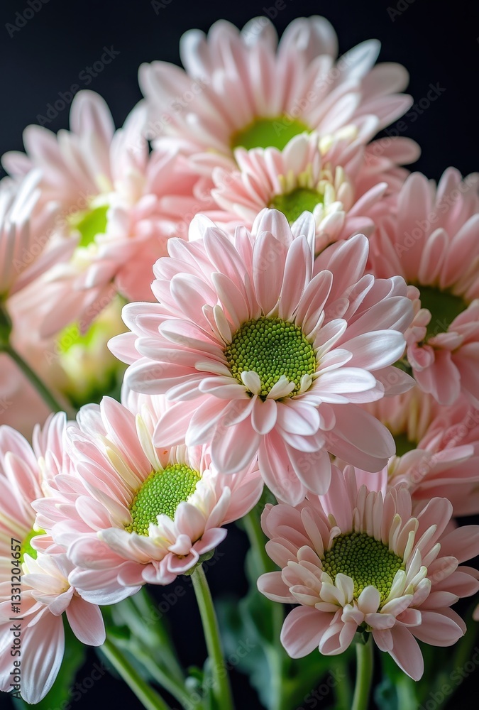 Fototapeta premium Beautiful Arrangements of Soft Pink Flowers with Green Centers on Dark Background for Floral Designs and Home Decor Inspiration