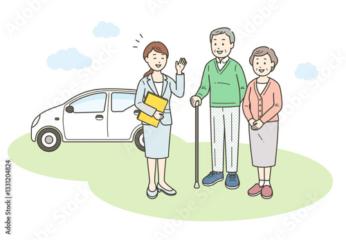 外で会話をするケアマネージャーの女性と高齢夫婦のイラスト
