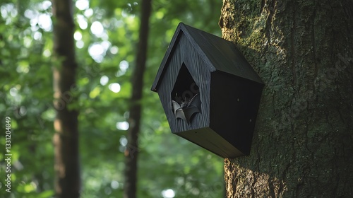 A black wooden bat box hangs from a tree in the forest to provide shelter for bats