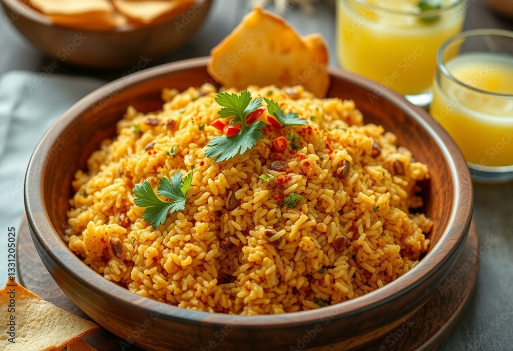 A warm, golden-brown plate of Jollof Rice with a sprinkle of parsley and red pepper flakes, served with plantain chips and pineapple juice. A warm, golden-brown plate of Jollof Rice with a sprinkle of parsley and red pepper flakes, served with plantain chips and pineapple juice.