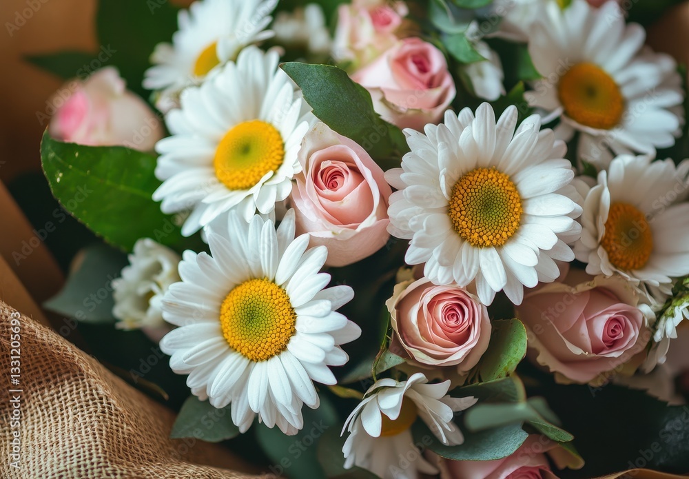 Obraz premium Beautiful bouquet featuring white daisies and pink roses arranged with fresh greenery for a delightful gift or decoration