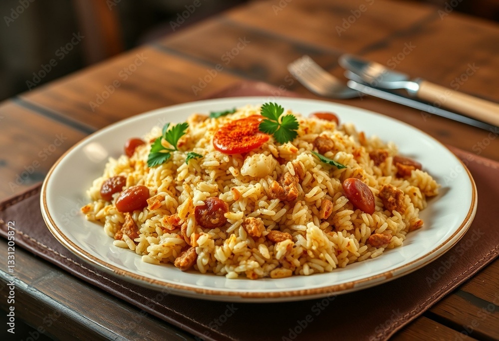 A steaming hot plate of Jollof Rice on a rustic wooden table A steaming hot plate of Jollof Rice on a rustic wooden table