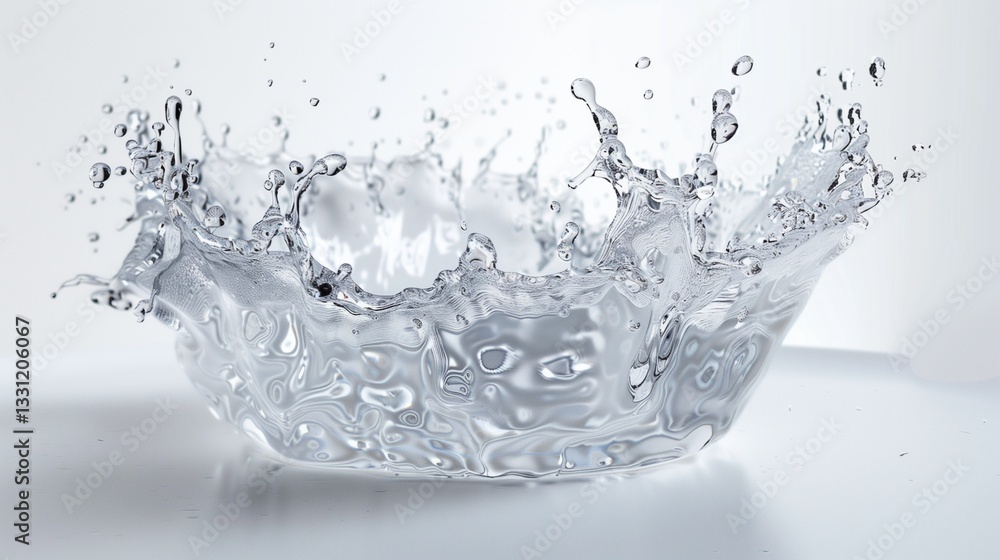 A dynamic water splash frozen in motion, with crisp droplets suspended mid-air, isolated on a clean white background. A dynamic water splash frozen in motion, with crisp droplets suspended mid-air, isolated on a clean white background.