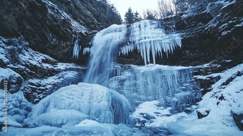 A frozen mountain waterfall trapped in time, abstract shapes forming ice patterns, modern art style, monochromatic blue hues