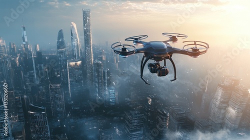 A sleek drone captures aerial footage of a futuristic cityscape during sunset, showcasing towering skyscrapers and a vibrant skyline amidst a backdrop of clouds