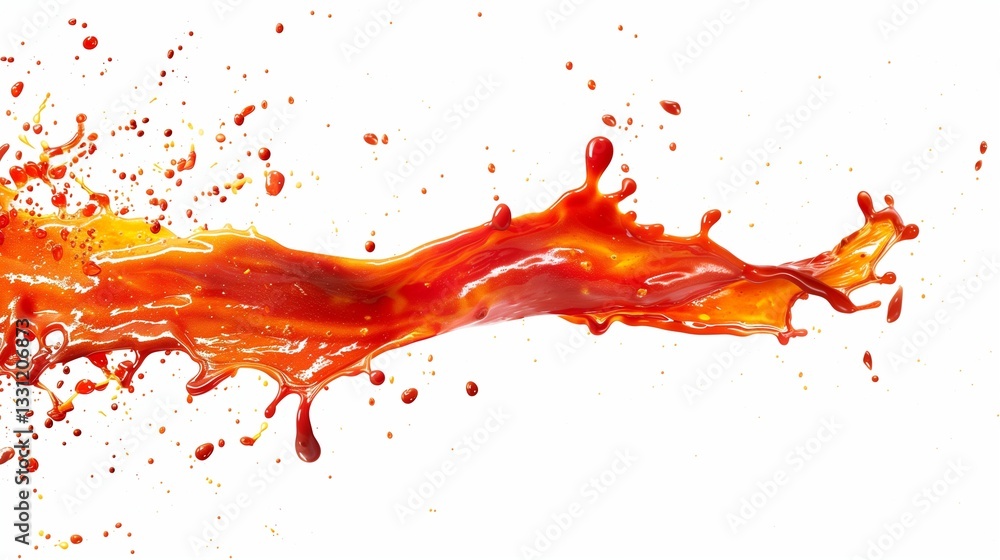 A fiery hot sauce splash with vibrant red-orange tones bursting outward, captured in high detail, isolated on white. A fiery hot sauce splash with vibrant red-orange tones bursting outward, captured in high detail, isolated on white.
