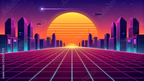 Retro background futuristic landscape 1980s style. Vector perspective grid. 80s sci-fi or game style. Retro neon background