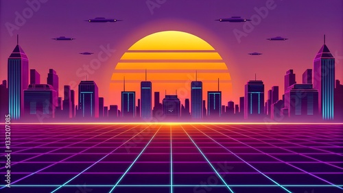 Retro background futuristic landscape 1980s style. Vector perspective grid. 80s sci-fi or game style. Retro neon background